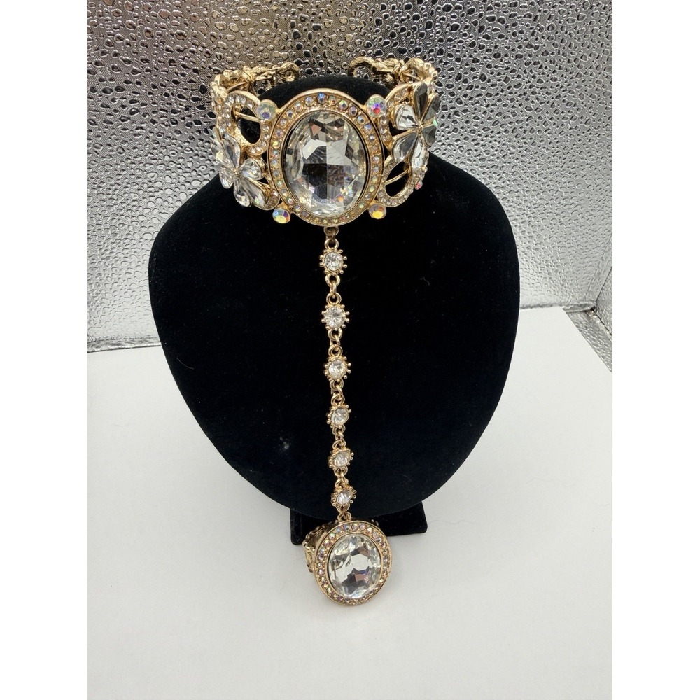 Gold Tone Crystal Oval Stretch Bracelet w Ring sparkling floral rhinestone Prom